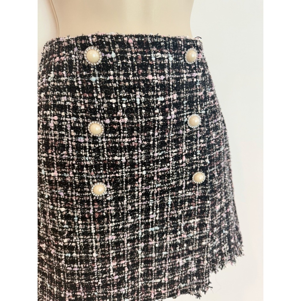 Majorelle Tweed Mini Skirt Sz S Black Pearl Buttons Fringe Revolve Cocktail - Picture 7 of 10